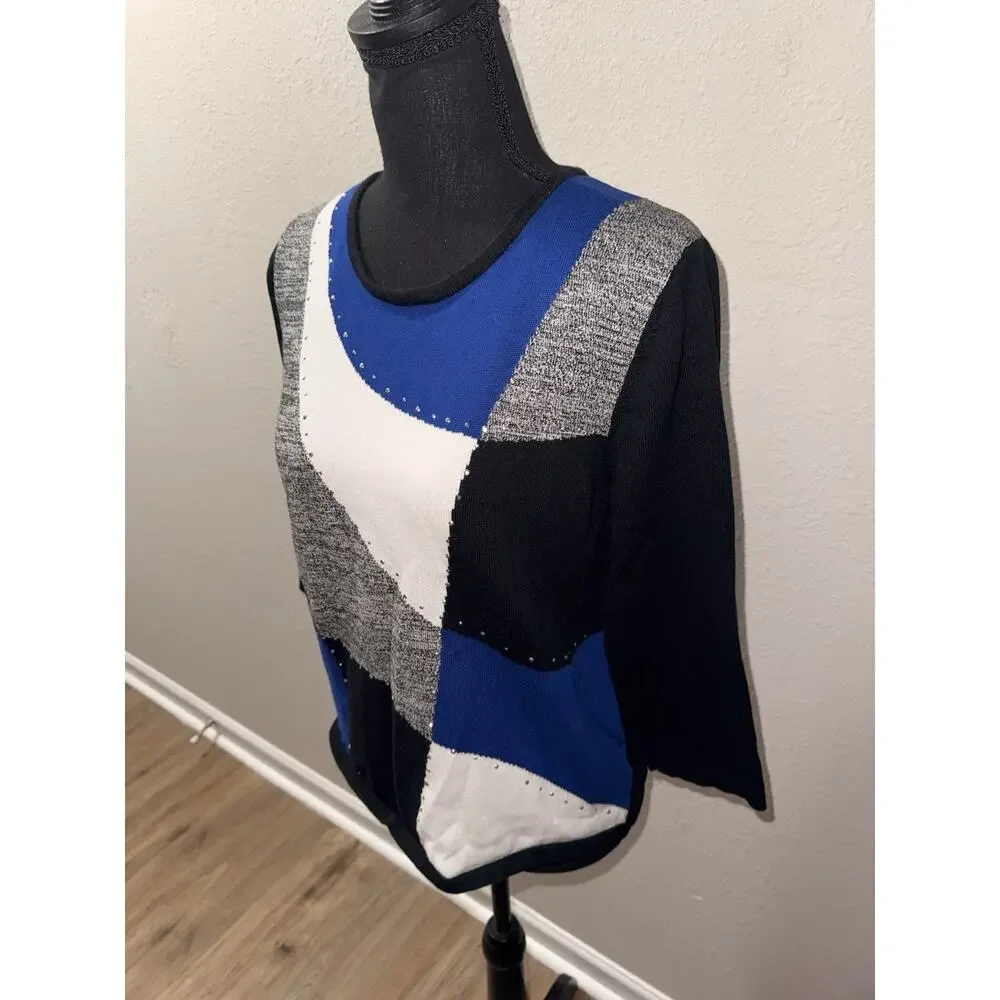 Alfred Dunner Petite Medium PM Sweater Blue Black White Colorblock Rhinestone